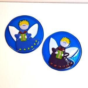 Anne Nye Fused Art Glass Angels (2) Signed Originals Blue 5" Christmas Holiday.